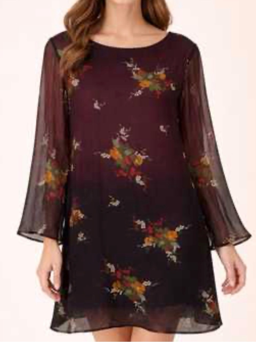 Sundance Floral Ombre Shift Dress Womens L Purple Navy Blue Long Bell Sleeve